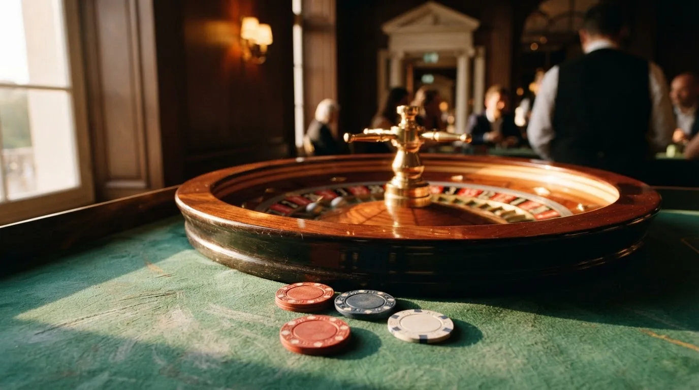 Roda de roleta e fichas sobre feltro verde, sob uma luz quente de fim de tarde — ofertas de casino em portugal