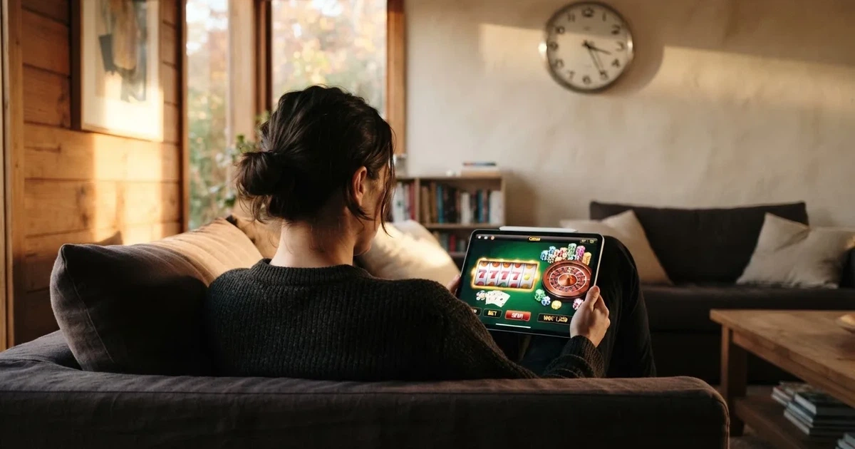 Pessoa num sofá a olhar pensativa para um tablet, com um relógio na parede atrás — ofertas de casino em portugal