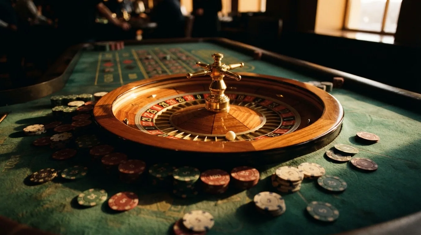Roda de roleta e fichas sobre feltro verde, sob uma luz quente de fim de tarde — online casino bónus para os portugueses