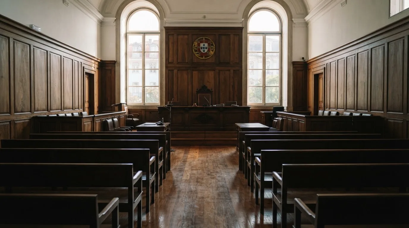 Sala de tribunal vazia com painéis de madeira, à luz da manhã — online casinos em portugal