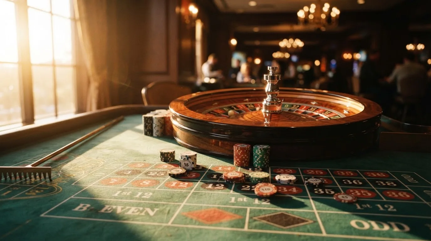 Roda de roleta e fichas sobre feltro verde, sob uma luz quente de fim de tarde — páginas de casino em portugal