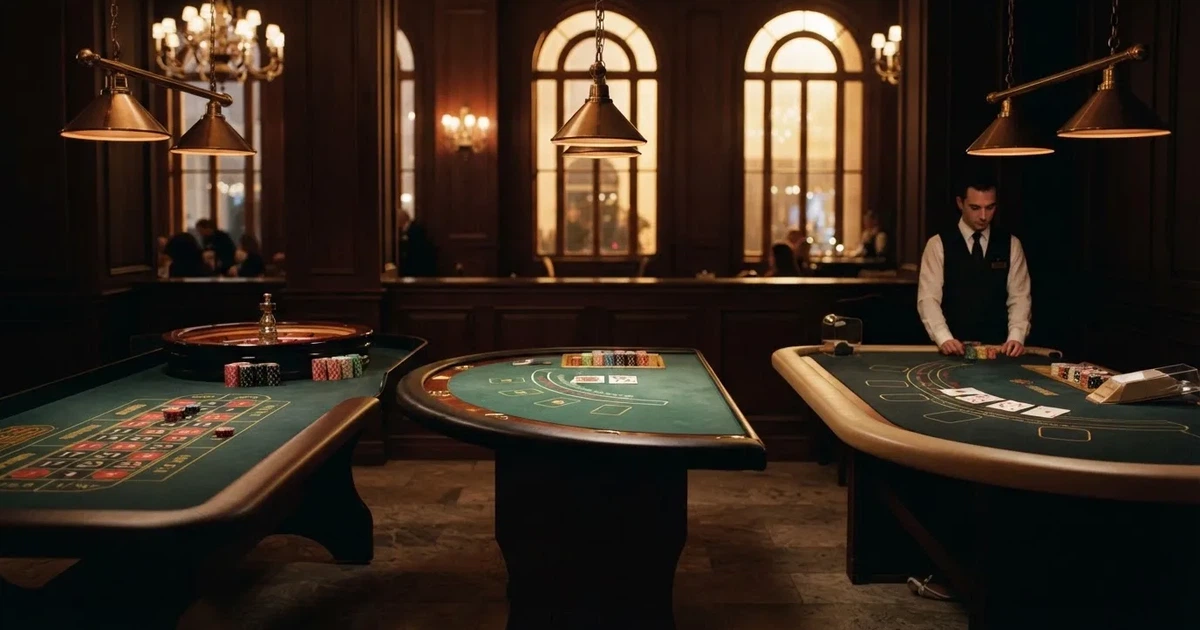 Três mesas de jogo diferentes lado a lado numa sala calma e calorosamente iluminada — páginas de casino em portugal