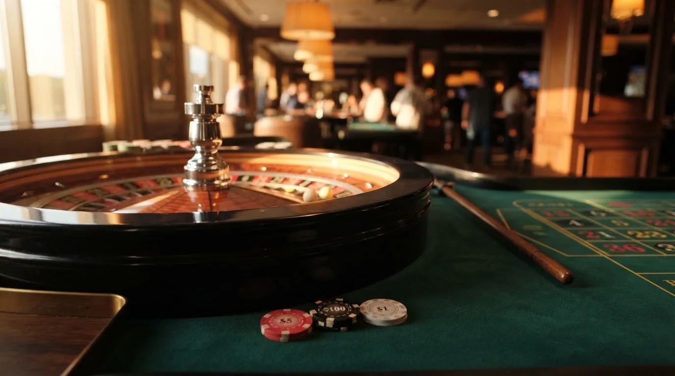 Roda de roleta e fichas sobre feltro verde, sob uma luz quente de fim de tarde — promoções de casino em portugal