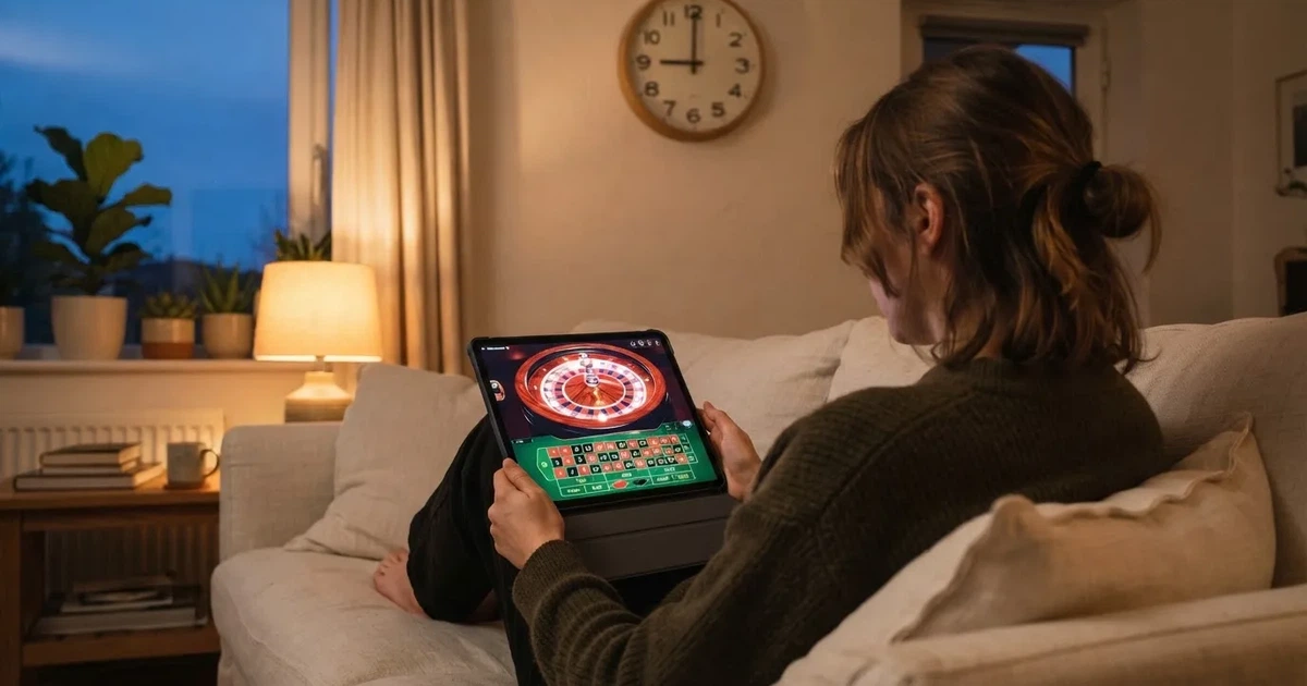 Pessoa num sofá a olhar pensativa para um tablet, com um relógio na parede atrás — promoções de casino em portugal