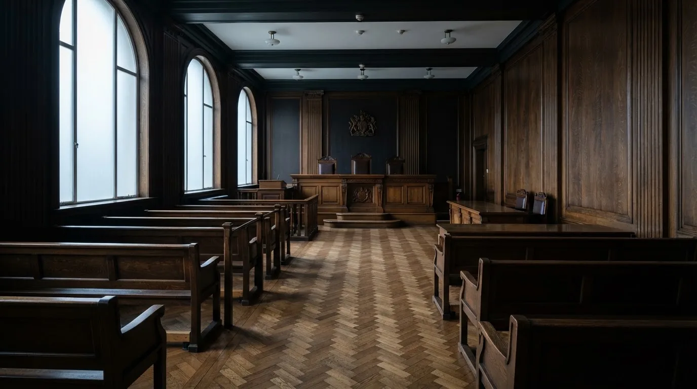 Sala de tribunal vazia com painéis de madeira, à luz da manhã — regras da roleta pt
