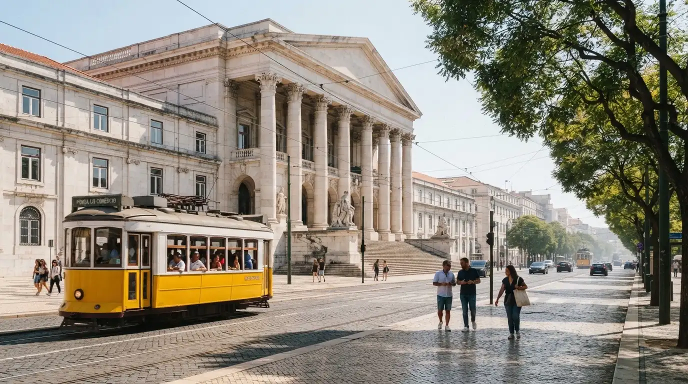 Edifício institucional de pedra com colunas junto a uma avenida lisboeta, céu limpo, elétrico amarelo ao longe, fotografia de rua.