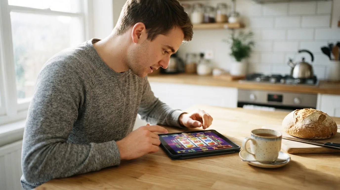 Jovem sentado à mesa da cozinha a explorar um tablet com ar curioso, chávena de chá e pão sobre a mesa, luz da manhã.