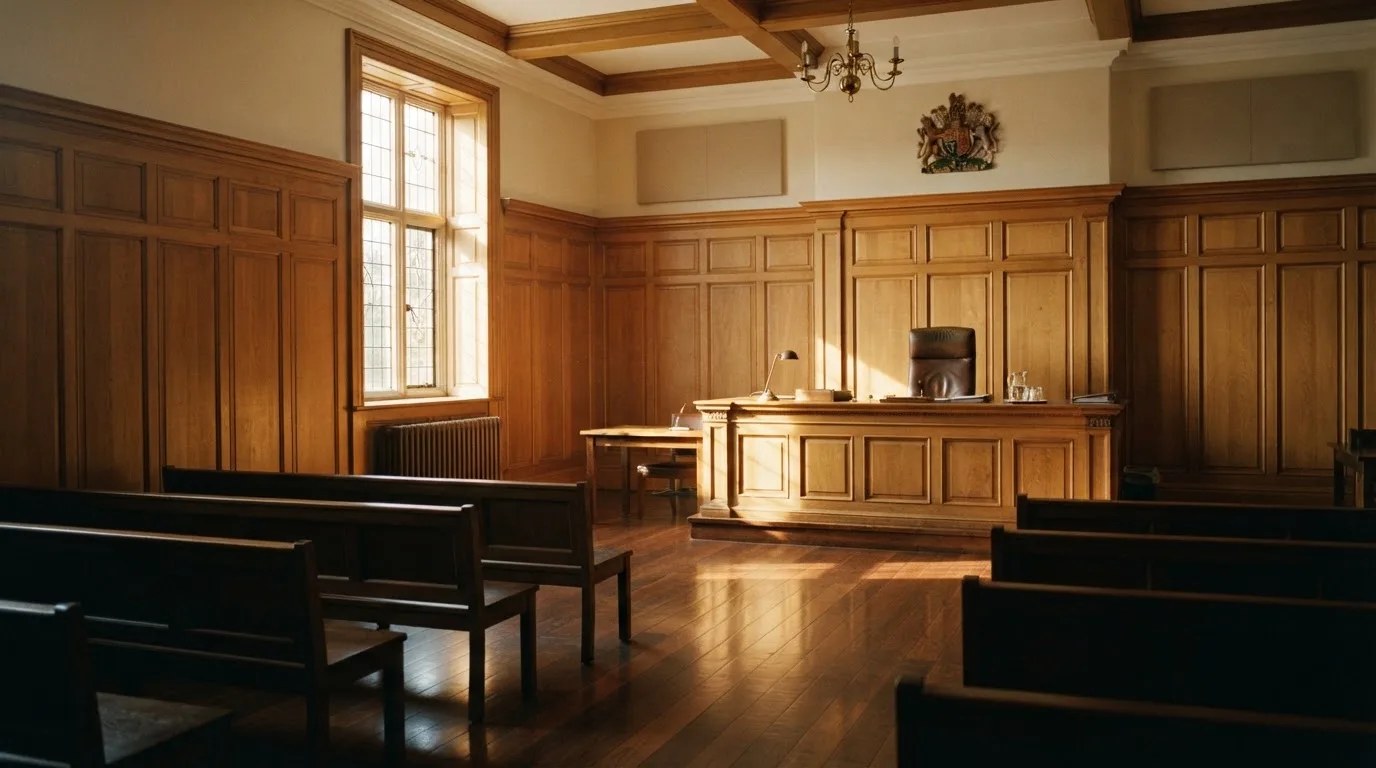 Sala de tribunal vazia com painéis de madeira, à luz da manhã — roleta americana em portugal