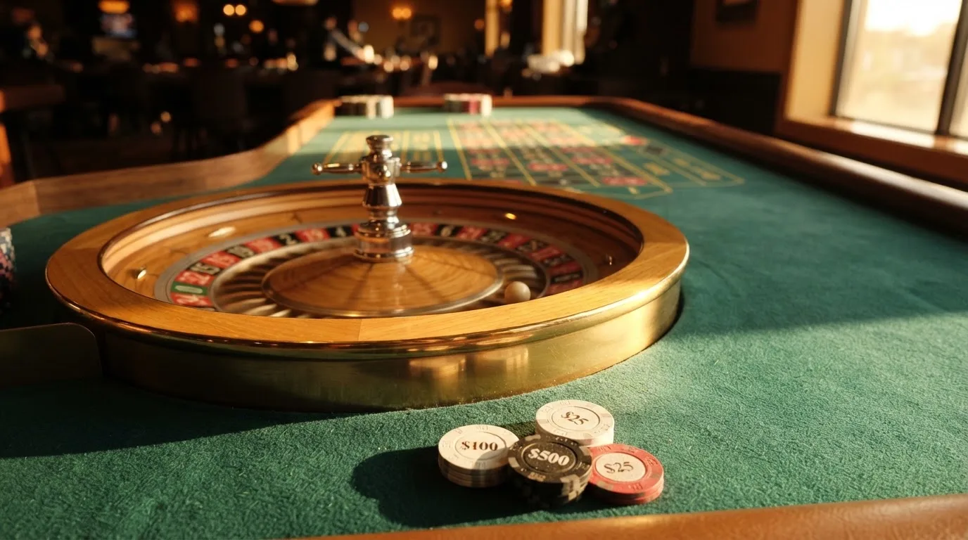 Roda de roleta e fichas sobre feltro verde, sob uma luz quente de fim de tarde — roleta casino em portugal