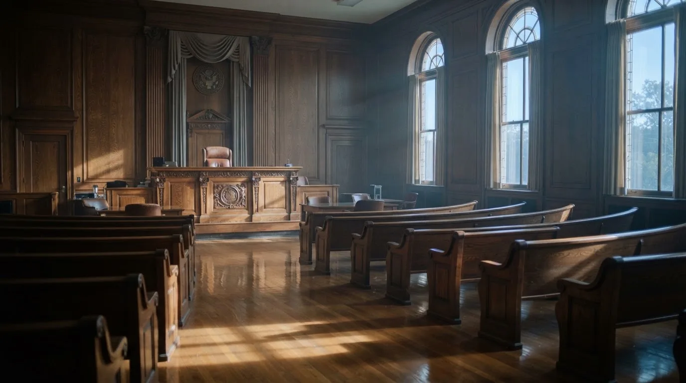 Sala de tribunal vazia com painéis de madeira, à luz da manhã — roleta demo para portugueses