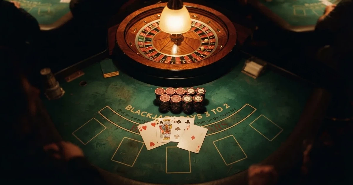 Mesa de jogo iluminada com cartas, vista de cima — roleta demo para portugueses