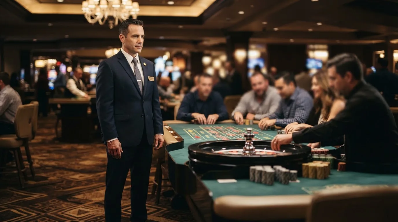 Fiscal de sala de casino de fato escuro a observar atentamente uma mesa de roleta, com jogadores desfocados ao fundo.