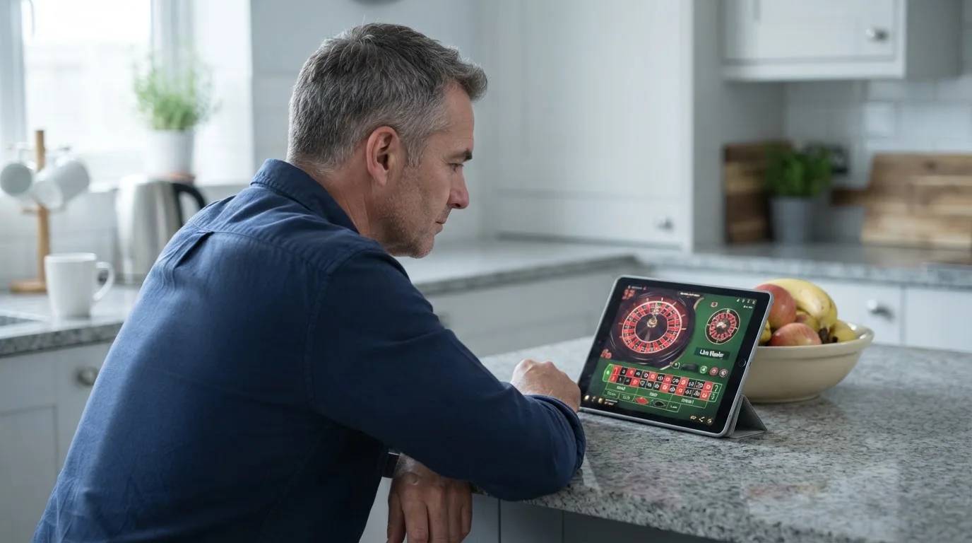 Jogador de meia-idade a ver uma transmissão de roleta num tablet, apoiado na bancada de uma cozinha moderna, com expressão atenta.