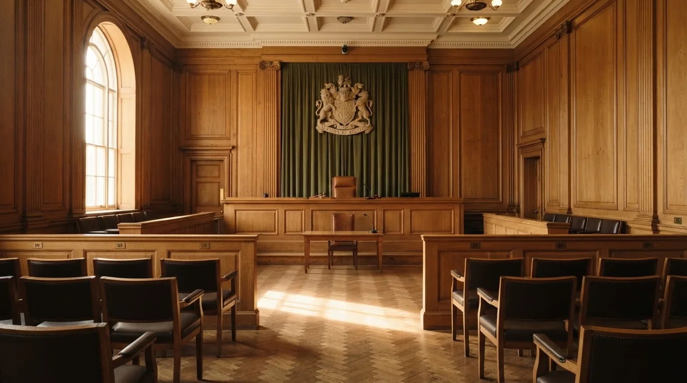 Sala de tribunal vazia com painéis de madeira, à luz da manhã — roleta francesa em portugal