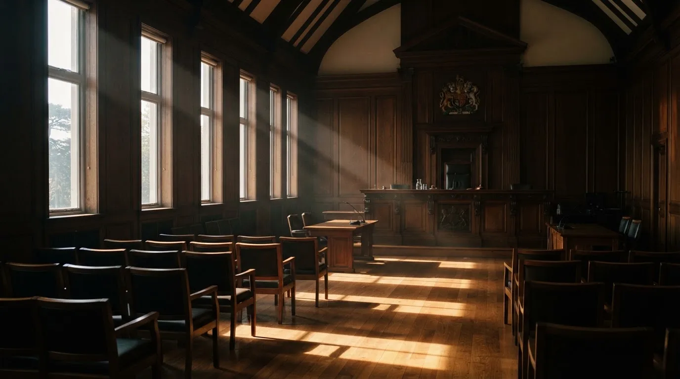 Sala de tribunal vazia com painéis de madeira, à luz da manhã — roleta grátis em portugal