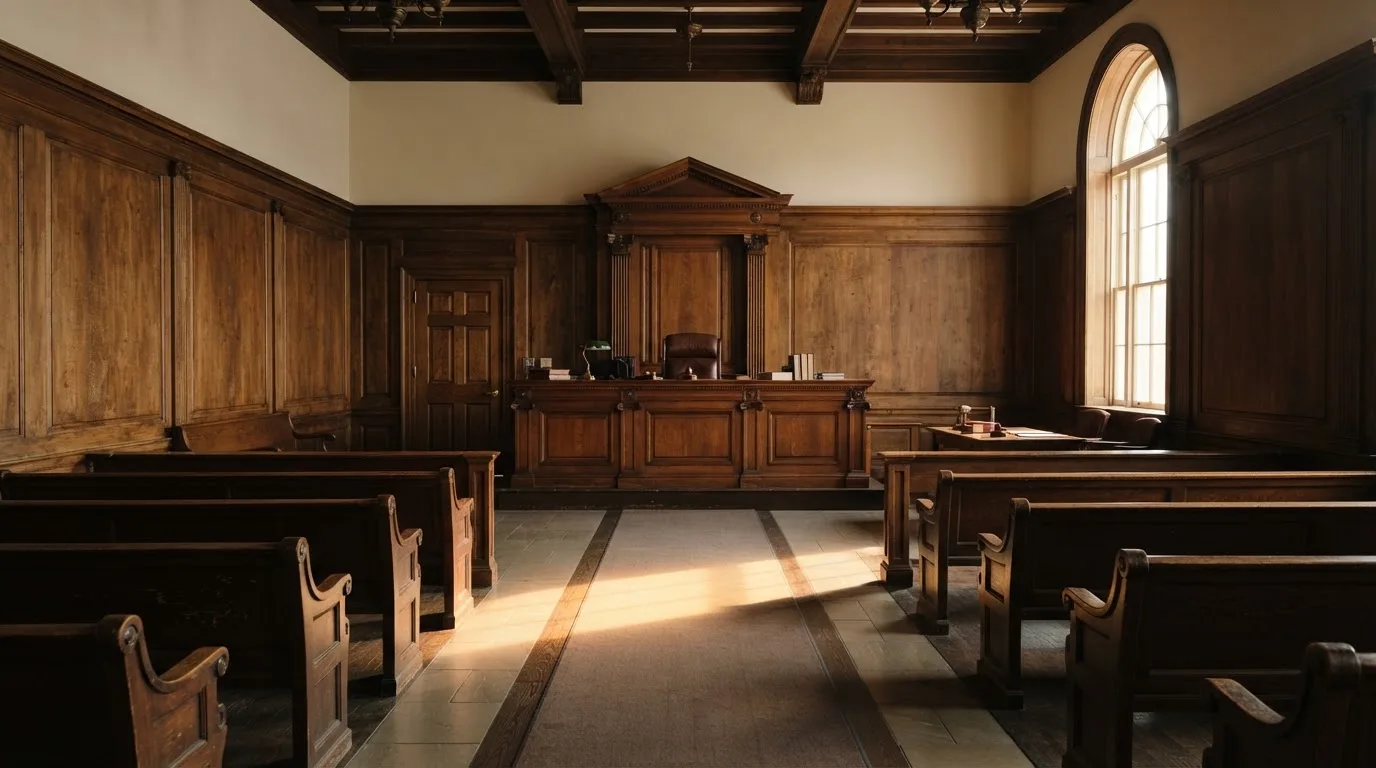 Sala de tribunal vazia com painéis de madeira, à luz da manhã — roleta online por dinheiro em portugal