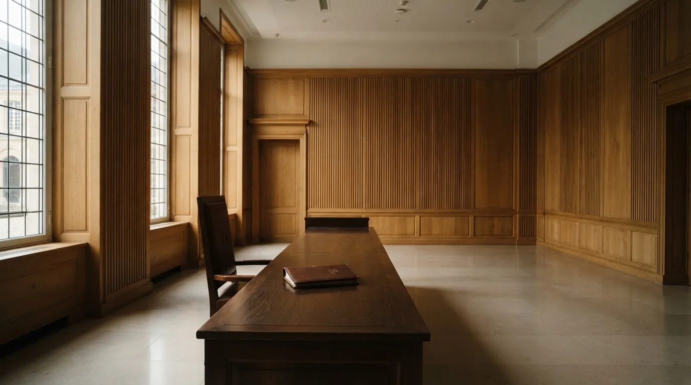 Sala de tribunal vazia com painéis de madeira, à luz da manhã — roleta virtual em portugal