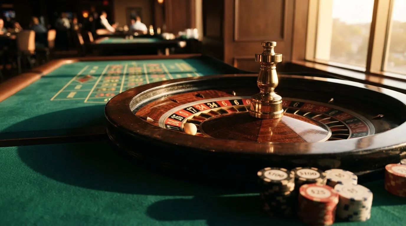 Roda de roleta e fichas sobre feltro verde, sob uma luz quente de fim de tarde — sites de casino para os portugueses