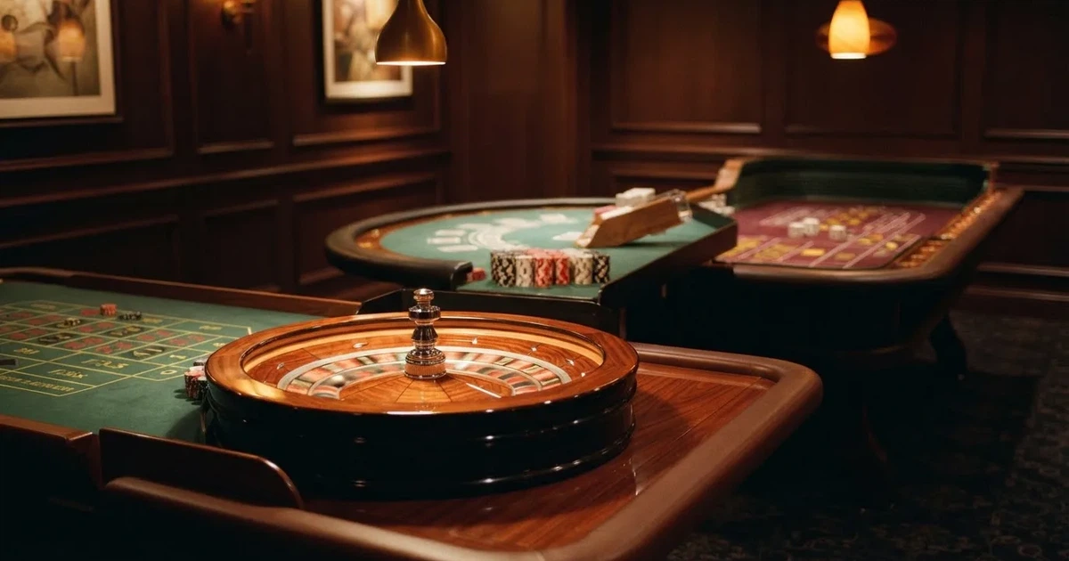 Três mesas de jogo diferentes lado a lado numa sala calma e calorosamente iluminada — sites de casino para os portugueses