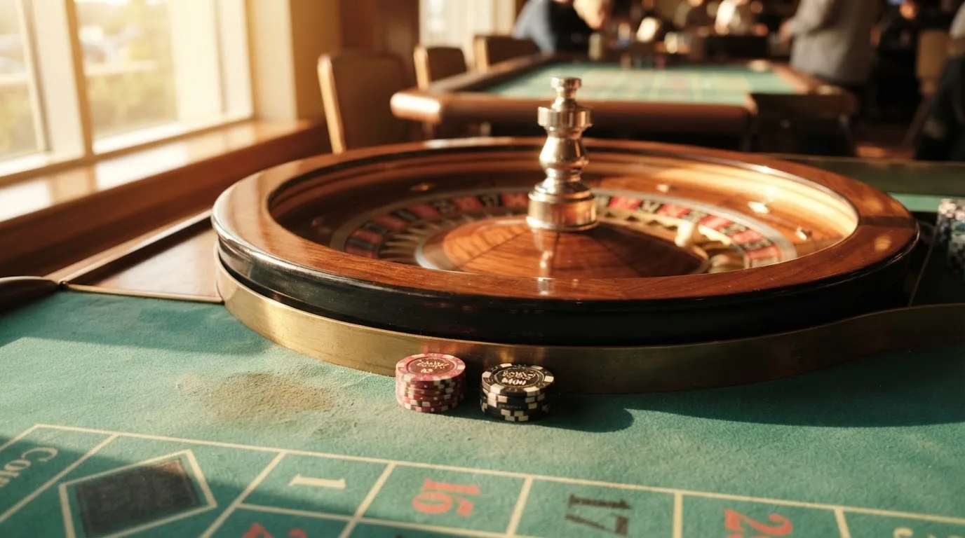 Roda de roleta e fichas sobre feltro verde, sob uma luz quente de fim de tarde — slot machines em portugal