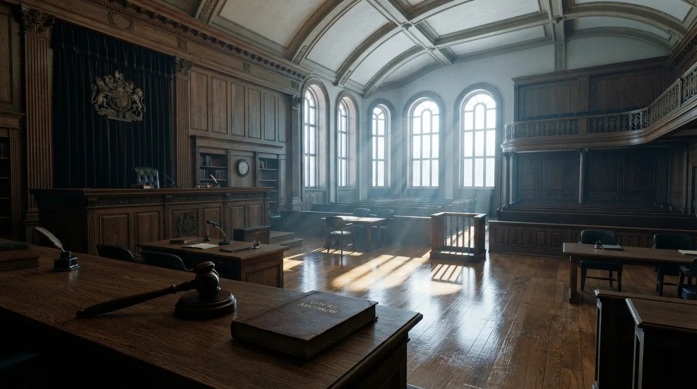 Sala de tribunal vazia com painéis de madeira, à luz da manhã — slots com bonus em portugal