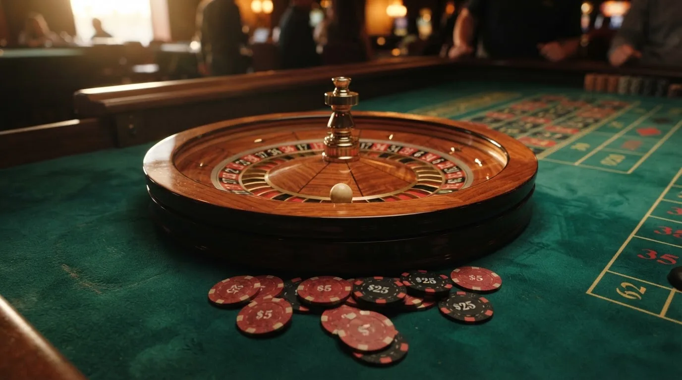 Roda de roleta e fichas sobre feltro verde, sob uma luz quente de fim de tarde — slots com bonus em portugal