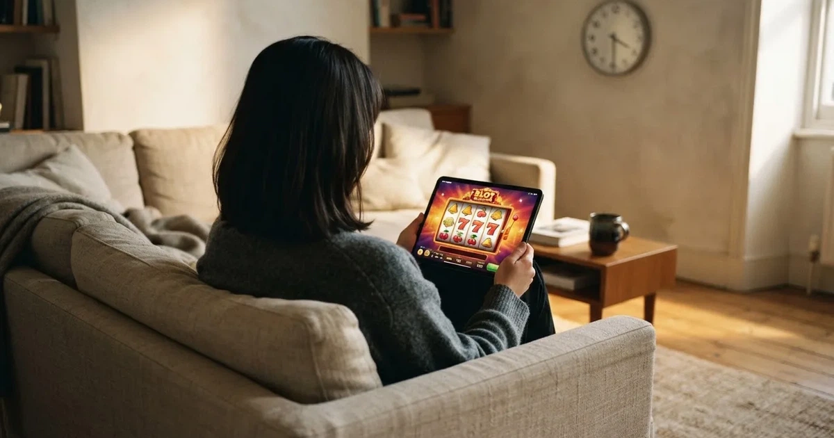 Pessoa num sofá a olhar pensativa para um tablet, com um relógio na parede atrás — slots com bonus em portugal