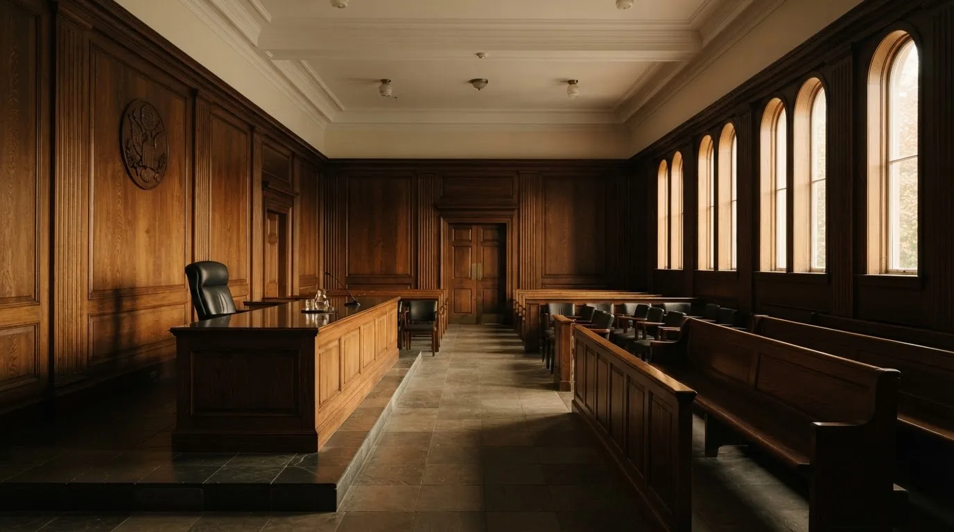 Sala de tribunal vazia com painéis de madeira, à luz da manhã — slots demo em portugal