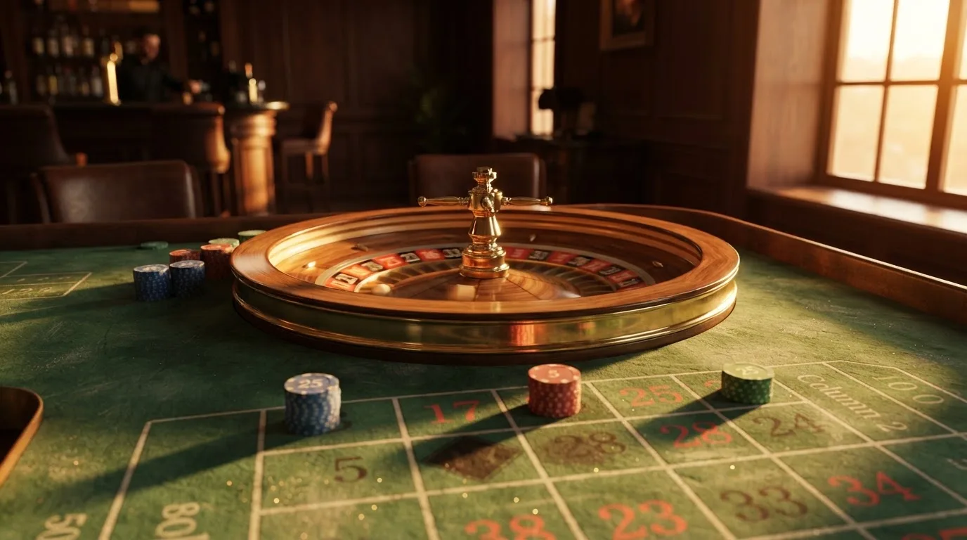 Roda de roleta e fichas sobre feltro verde, sob uma luz quente de fim de tarde — slots demo em portugal