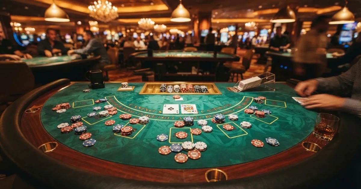 Mesa de jogo iluminada com cartas, vista de cima — slots demo em portugal
