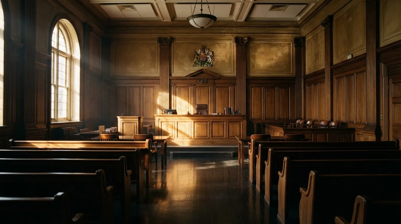 Sala de tribunal vazia com painéis de madeira, à luz da manhã — slots grátis em portugal