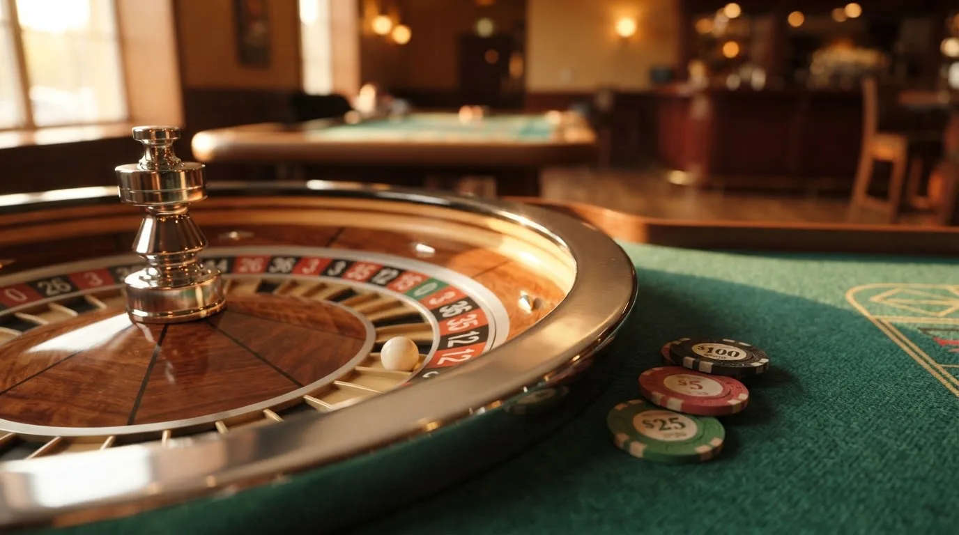 Roda de roleta e fichas sobre feltro verde, sob uma luz quente de fim de tarde — slots grátis em portugal