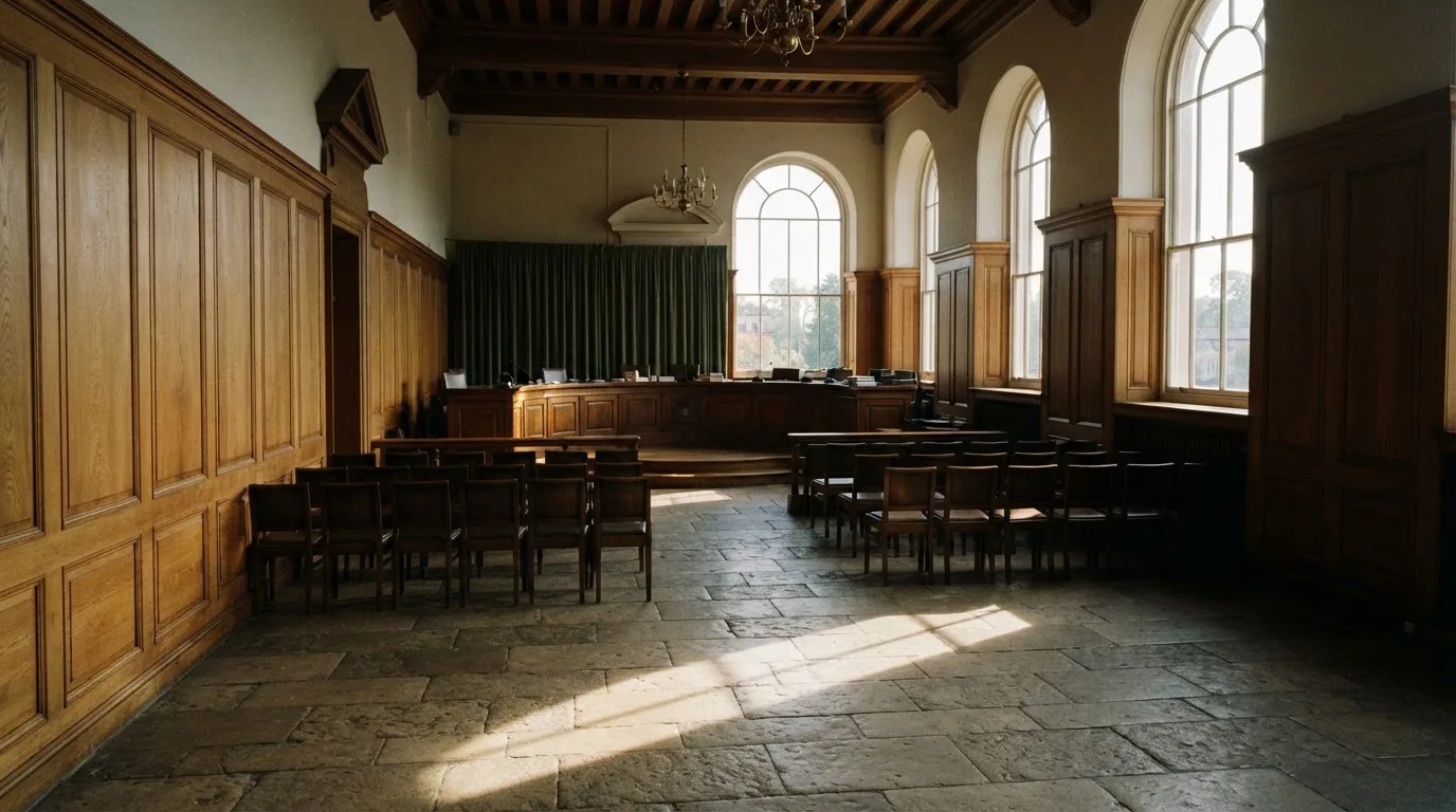 Sala de tribunal vazia com painéis de madeira, à luz da manhã — slots por dinheiro em portugal