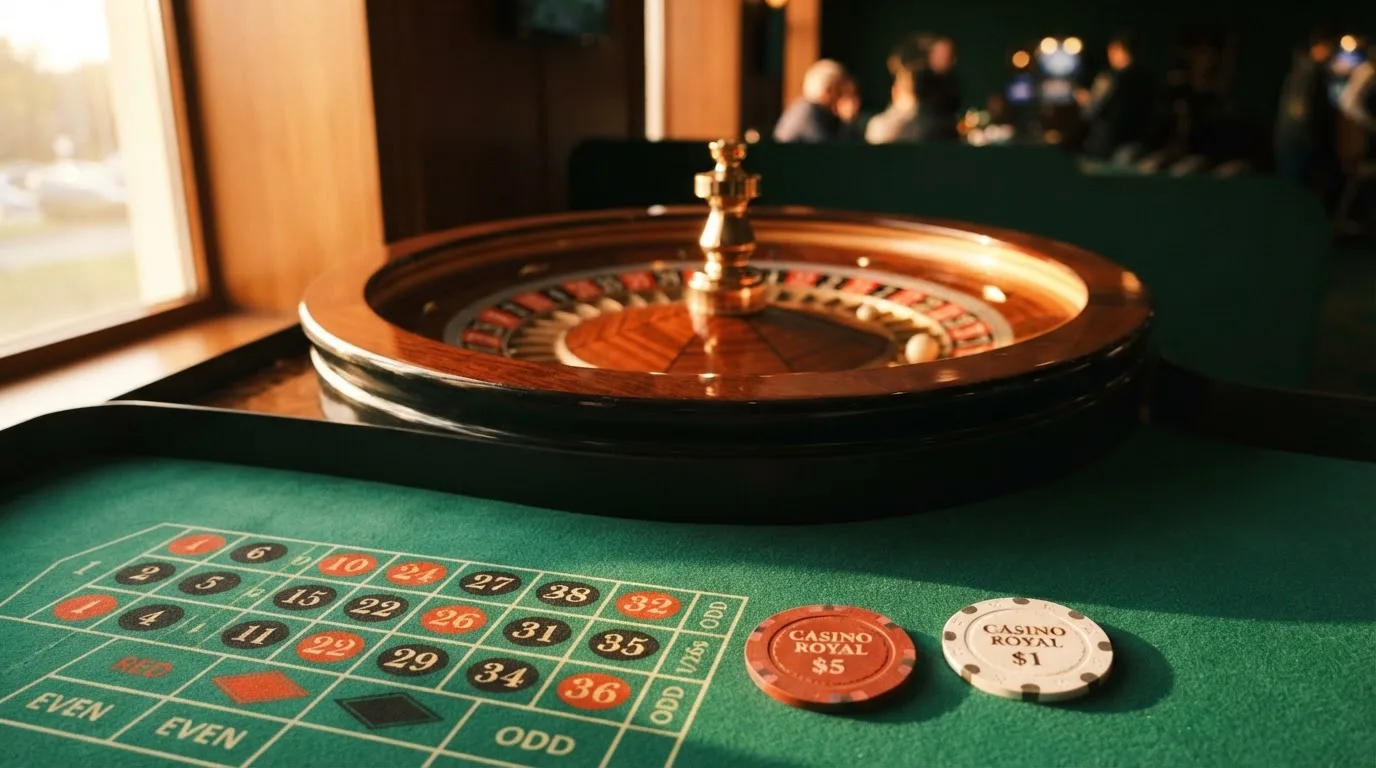 Roda de roleta e fichas sobre feltro verde, sob uma luz quente de fim de tarde — slots por dinheiro em portugal