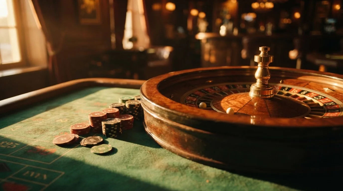 Roda de roleta e fichas sobre feltro verde, sob uma luz quente de fim de tarde — tabelas de blackjack em portugal