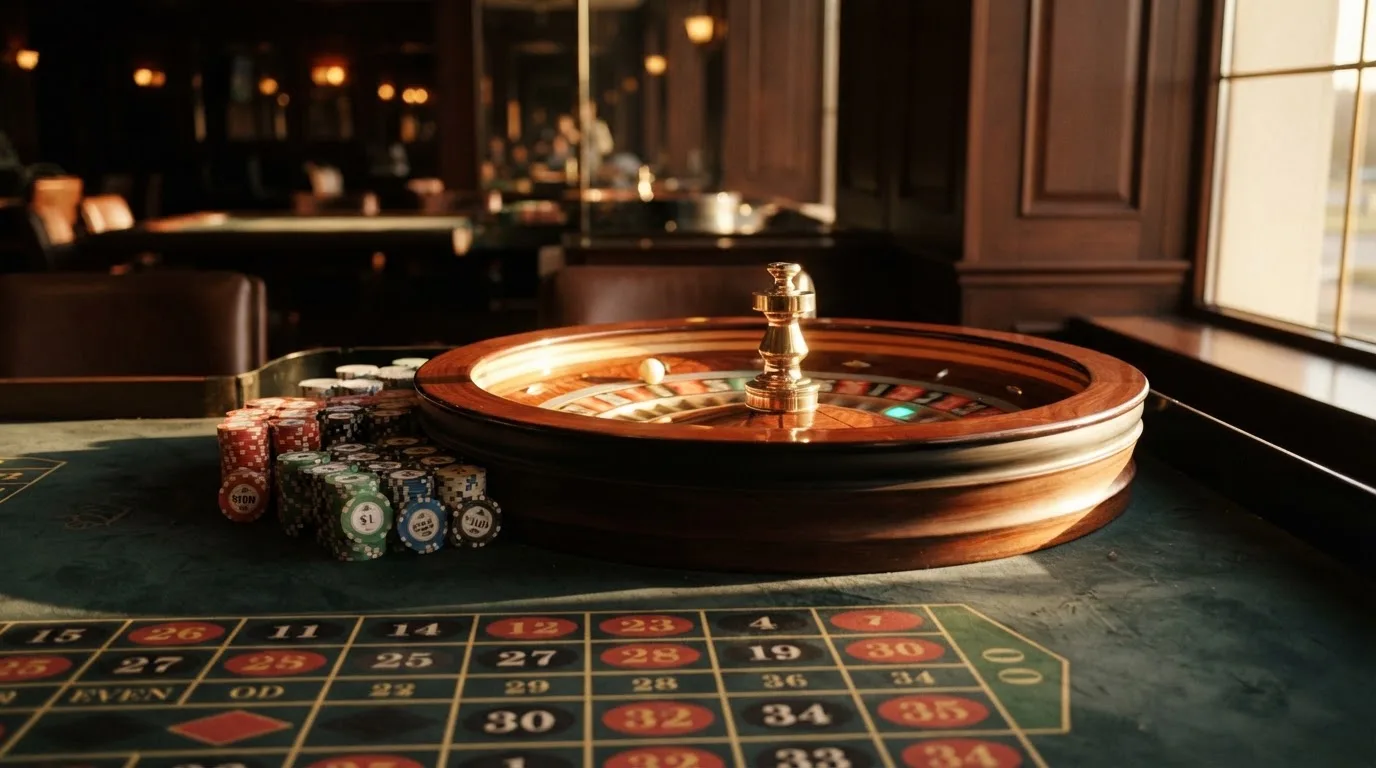 Roda de roleta e fichas sobre feltro verde, sob uma luz quente de fim de tarde — top casinos em portugal