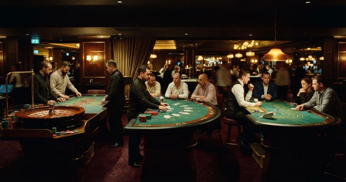 Três mesas de jogo diferentes lado a lado numa sala calma e calorosamente iluminada — top casinos em portugal