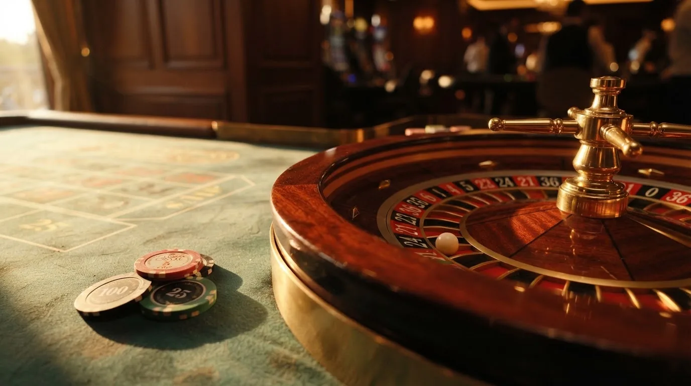 Roda de roleta e fichas sobre feltro verde, sob uma luz quente de fim de tarde — truques de casino em portugal